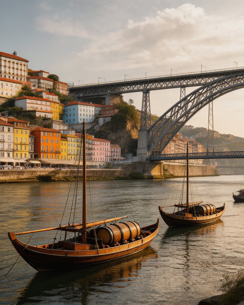 Ribeira, Porto, Portugal — rabelo boats on the Douro with Dom Luís I bridge